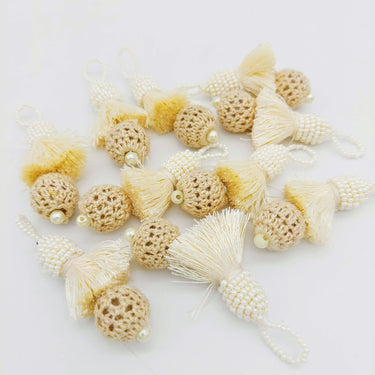 Beige Crochet Ball Tassels With White Pearls Beads, Tassel Charms, Nylon Tassels x 2
